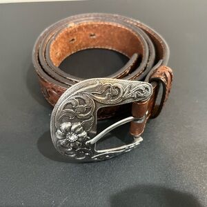 Nocona Brown Leather Belt with Ornate Silver Buckle